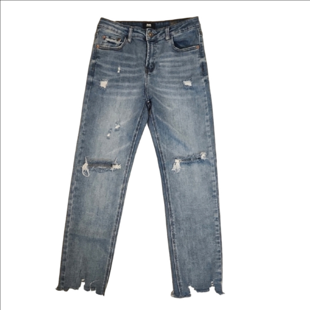 Womens l&m black label high rise straight fit distressed stretch jeans size 11.
